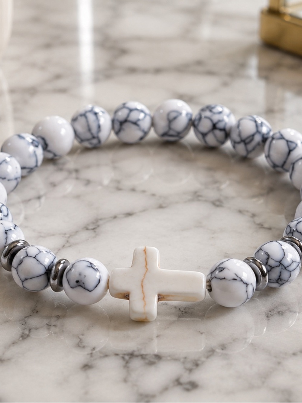 Natural Marbled White Cross Beaded Bracelet